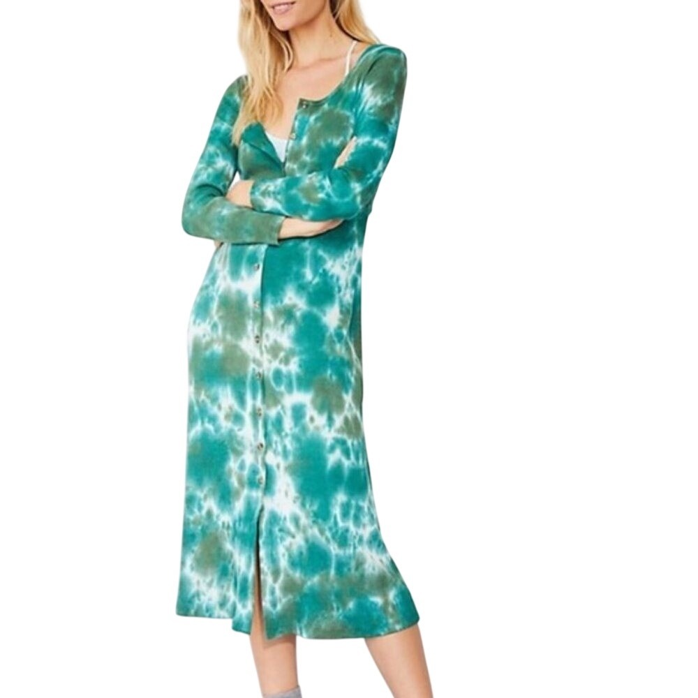 T.La Anthropologie Green Tie Dye Ribbed Button Down‎ Midi Dress SP Petite
